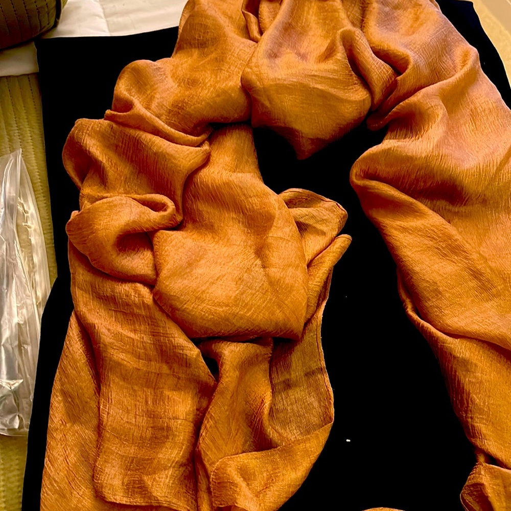 New camel color silk like scarf should wrap or can use for a shrong